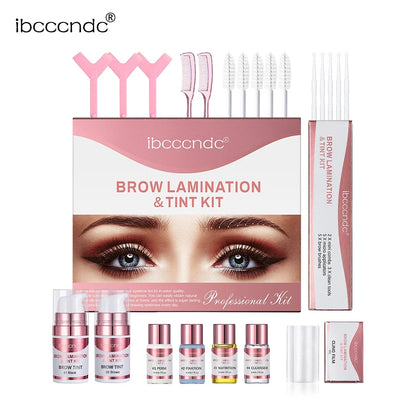 Semi-permanent brow and lash lift and tint kit by Blushimmer, includes tools and products for achieving lifted, tinted eyebrows and lashes.