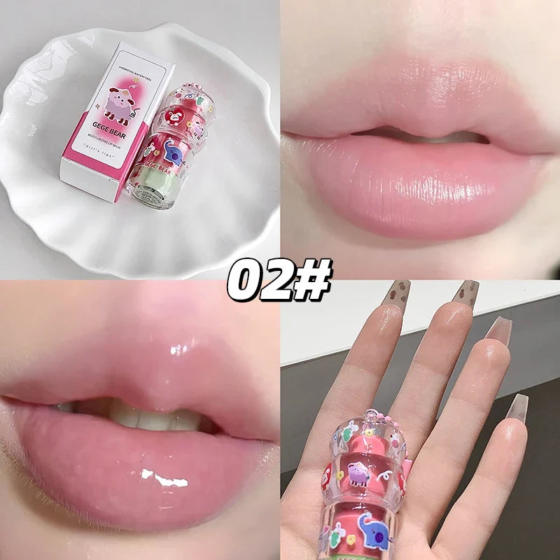 Blushimmer Gege Bear fruit-flavored lip balm keychain pendant, hydrating, long-lasting lipstick with moisturizing and lip line reducing features.
