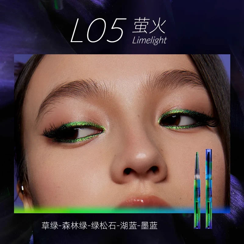 Blushimmer Kaleidos waterproof gel eyeliner pencil with chameleon, glitter, metallic finish, long wear, and vibrant color on white background.