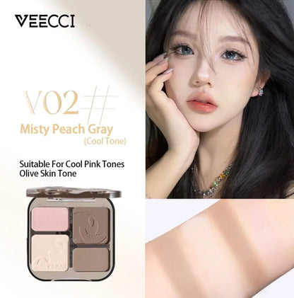 VEECCI 4-color contour palette by Blushimmer with matte and shimmer bronzer, highlighter, and nude tones for long-lasting facial makeup.