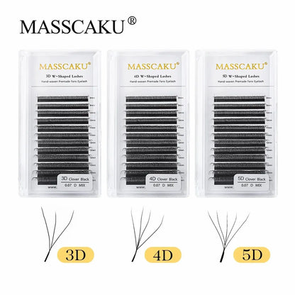 Masscaku 12Lines premium mink 3D-6D false eyelash extensions by Blushimmer, soft, natural individual lash extensions on W-shape strips.
