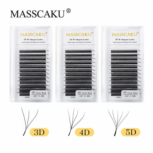 Masscaku 12Lines premium mink 3D-6D false eyelash extensions by Blushimmer, soft, natural individual lash extensions on W-shape strips.