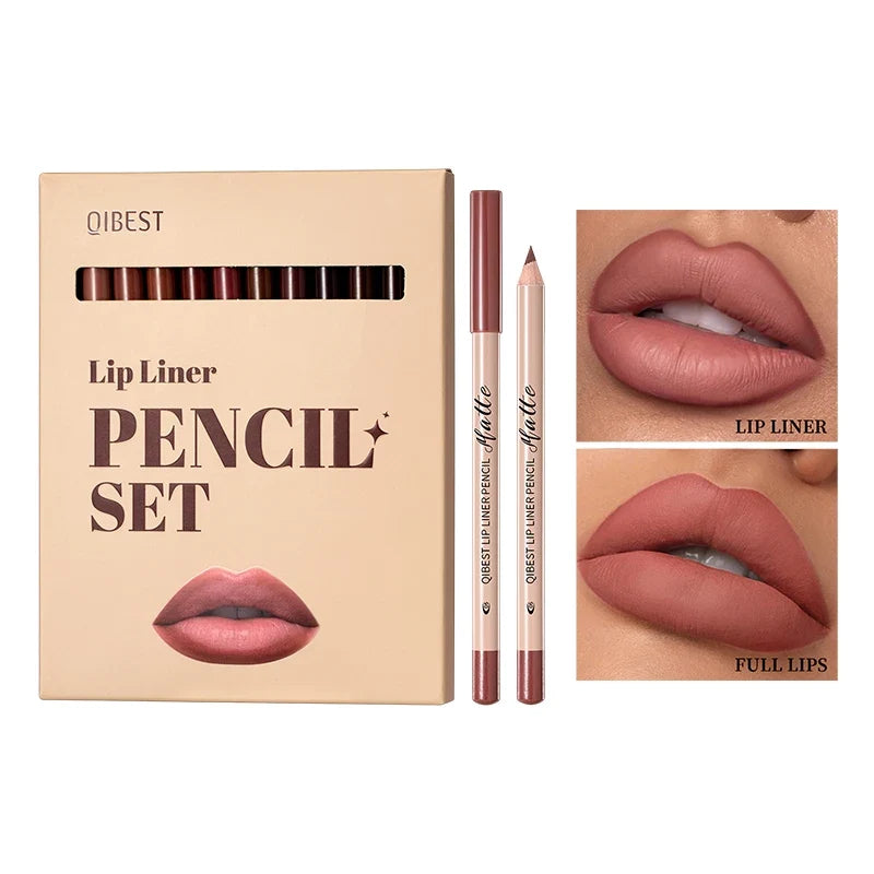 Set of 12 matte lipliner pencils by Blushimmer featuring smooth, easy-to-apply, non-smudging, non-fading natural lip color.