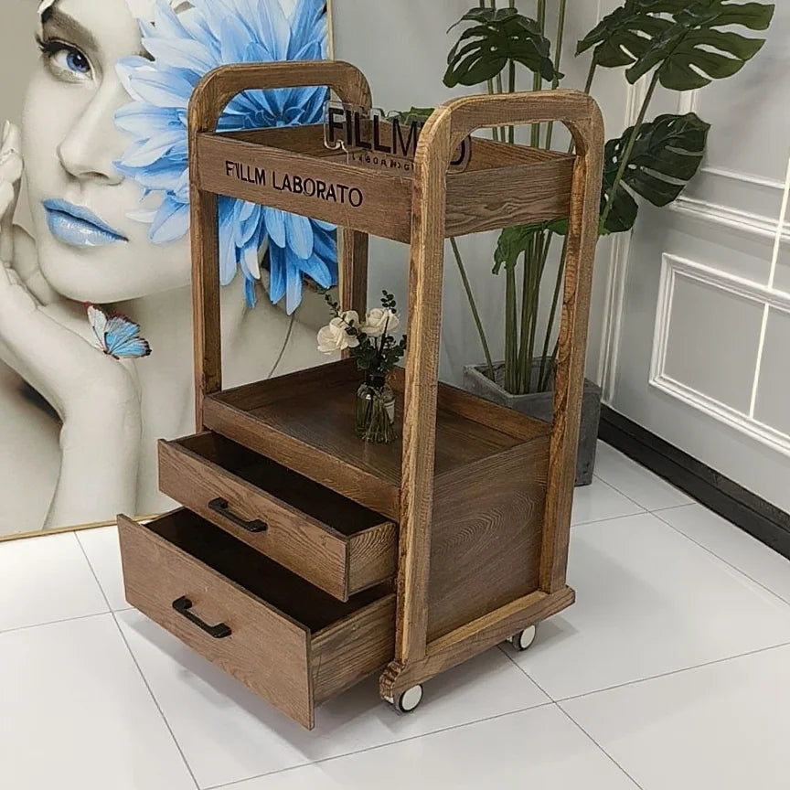 Premium Beauty Cart with Drawers Mobile Salon Trolley Professional Makeup Storage Cabinet for SPA Wooden Rolling Organizer