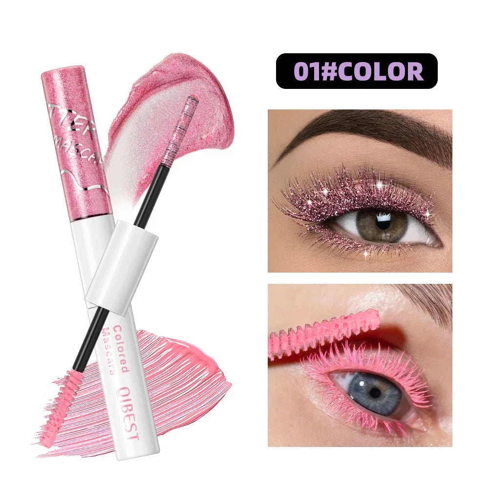 Blushimmer Qibest double-ended waterproof 4D fiber mascara with diamond glitter finish, showing the product brush and packaging.