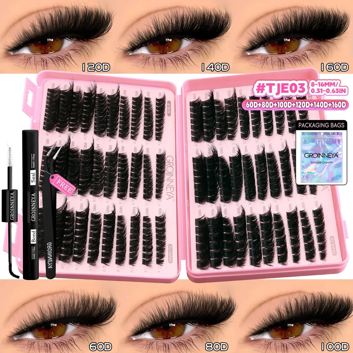 Blushimmer GroinnEYA Lash Clusters Kit with wispy eyelash clusters, lash bond, and seal for DIY eyelash extensions at home