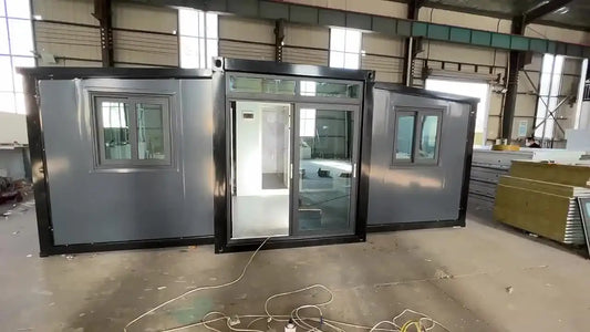 Expandable BACKUPMYFILESNOW® container house with 2-4 bedrooms, separate bathroom and kitchen, showing the foldable design.