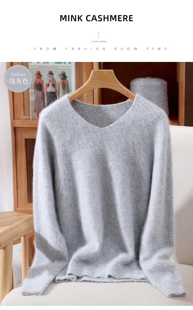 Autumn And Winter New High-End Female Mink Cashmere Sweater Solid Color Long-Sleeved Wool Knit Bottoming Sweater Loose Top