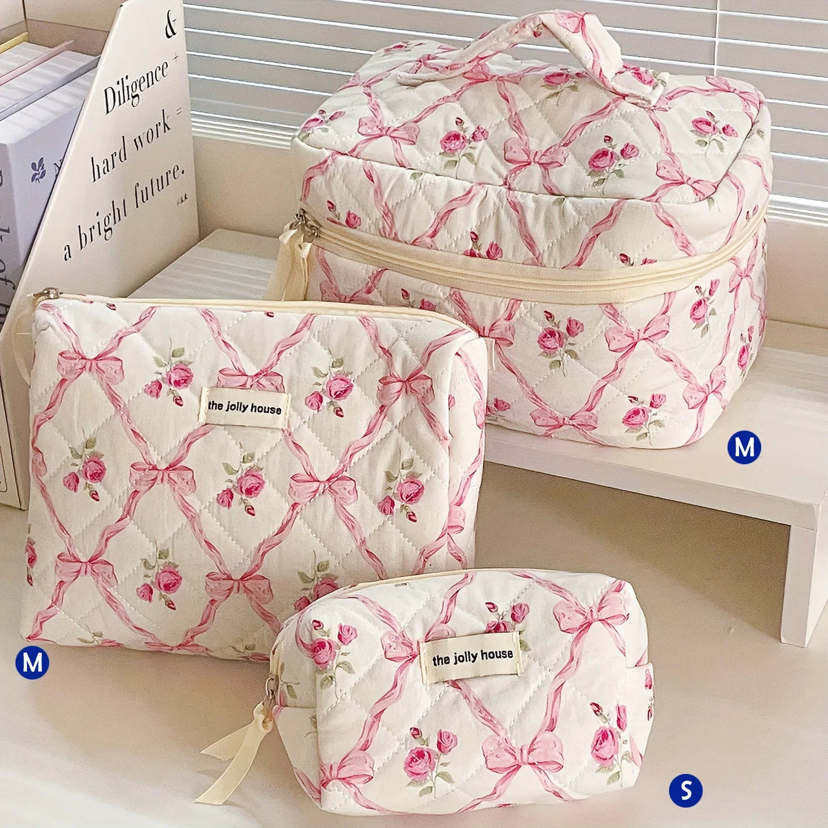 Cute quilted cotton makeup bag by Blushimmer, portable zipper cosmetic organizer with cloth handbag design for women and girls.