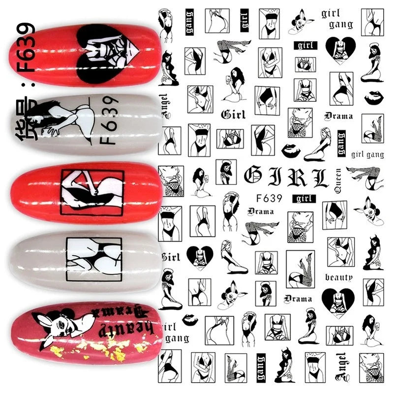 Black and white nail art stickers by Blushimmer featuring sexy, press-on decals for women and girls to decorate nails stylishly.