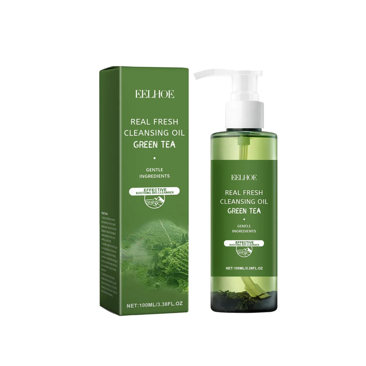 Blushimmer green tea cleansing oil for face, soothing, exfoliating, moisturizing, and makeup removal in a 100ml bottle.