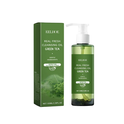 Blushimmer green tea cleansing oil for face, soothing, exfoliating, moisturizing, and makeup removal in a 100ml bottle.