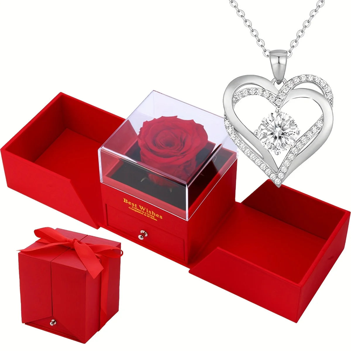 Women's Double Heart Necklace in Rose Gift Box - for Mother, Wife, Girlfriend - Valentine's Day, Birthday, Wedding Present