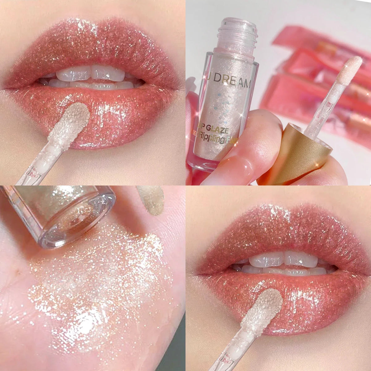 Blushimmer sparkling lip gloss with transparent, water-like shine and light, glossy finish on smooth lips.
