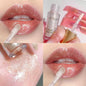 Blushimmer sparkling lip gloss with transparent, water-like shine and light, glossy finish on smooth lips.