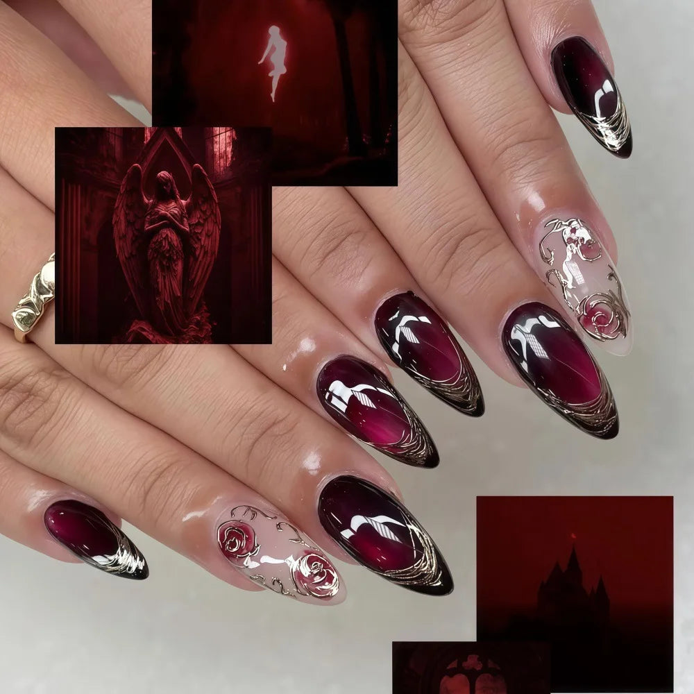Blushimmer 24-piece wine red almond press-on nails with cartoon rabbit, bowknot, plaid, and pearl designs for girls.