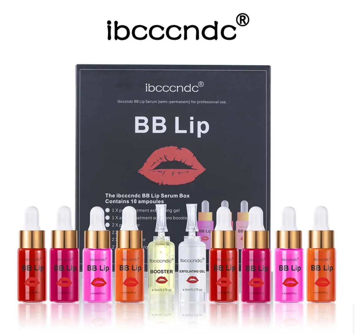 Blushimmer BB Lips Ampoule Serum Starter Set with semi-permanent lip tint kit, featuring serum bottles and lip tint applicators.
