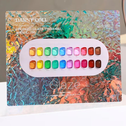 Translucent glaze gel nail polish set by Blushimmer with 15ml bottles, showcasing clear, jelly, and gemstone-inspired colors.