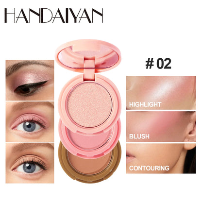 Blushimmer 3-in-1 matte highlighter, contour, blush palette with pearly shiny face powders for professional makeup application.