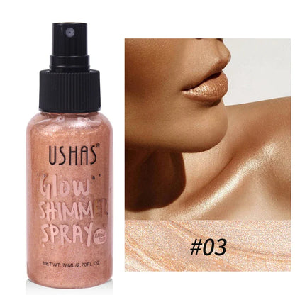 Blushimmer liquid bronzer, highlighter, and setting spray with illuminating shimmer for glowing, contoured makeup look.