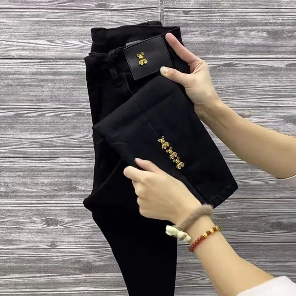 2023 Autumn Loose Chic Denim Trousers Women Slim Split Wide Leg Pants Korean Style High Waist Straight Blank Plush Jeans Female