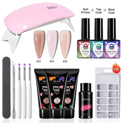 Set of three 15ml Blushimmer poly nail gels including extension gel, polish, base, top coat, cleaning water, and nail mold kit.