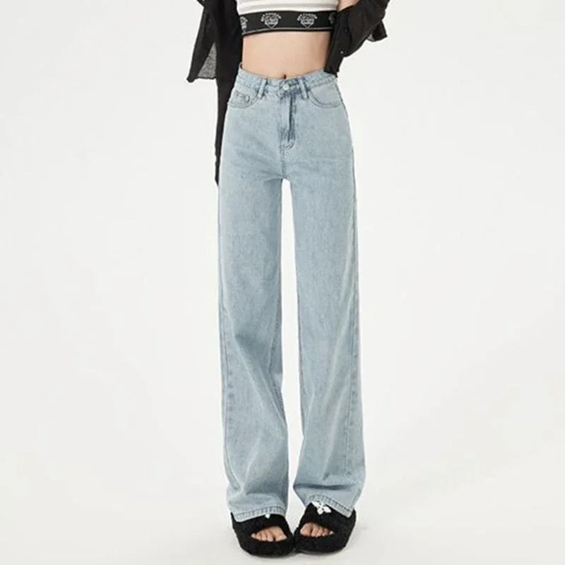 Lady Classic Daily High Waist Jeans Female Korean Solid Thin Pants Women Fashion Baggy Straight Leg Denim Trousers