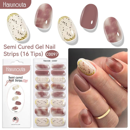 Blushimmer Harunouta 16-strips gradient red marble gel nail strips with gold lines, semi-cured gel polish stickers for DIY manicures