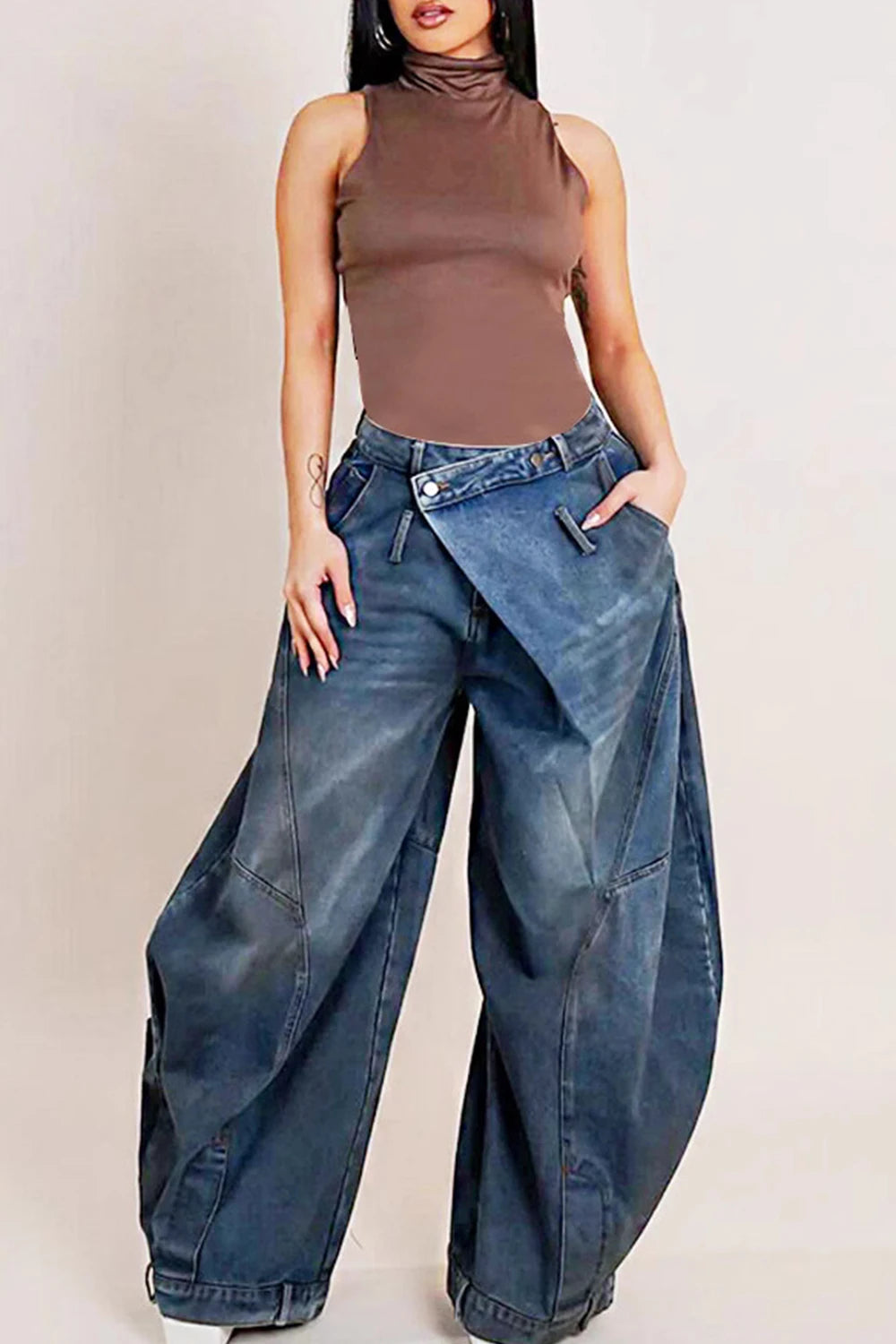 Pants Asymmetric Women Loose Denim Jeans Button Pocket Washed Casual Harajuku High Street Grunge Denim Trouders Jeans for Women
