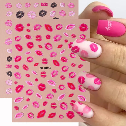 Red lips nail decal stickers by Blushimmer, romantic Valentine's Day DIY nail art with love heart designs and self-adhesive nail sliders.