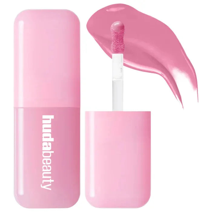 Blushimmer Huda Beauty Blush Filter Soft Glow Liquid Blush and shiny lip gloss in Cotton Candy and Bubblegum shades, with concealer.