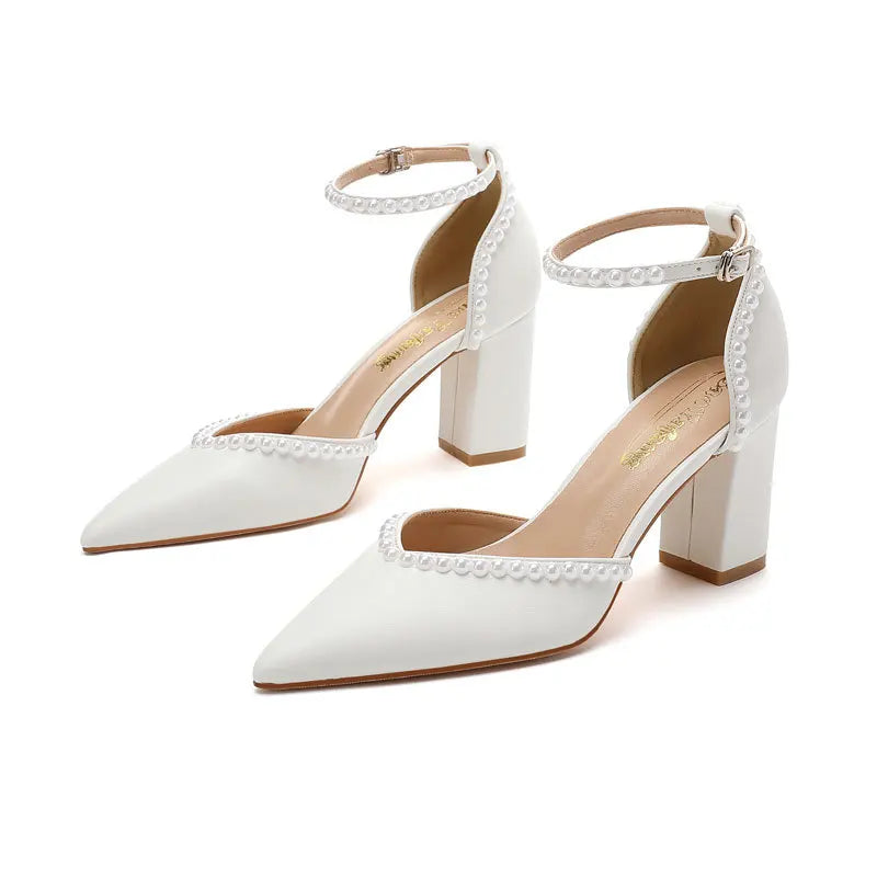 Elegant White Bridal Sandals Pointed Toe High Heels Hollow Out Pearl Embellished Wedding Shoes