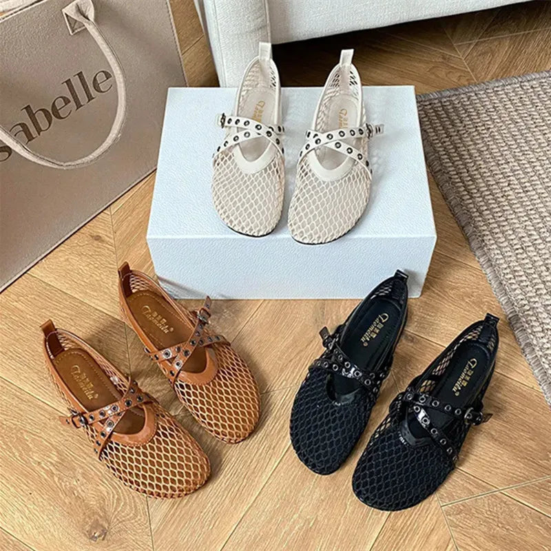 Mesh Brand Ballet Flats Women Rivet Belt Buckle Fashion Sandals Ladies Comfort Hollow Designer Breathable Mary Jane Shoes Woman