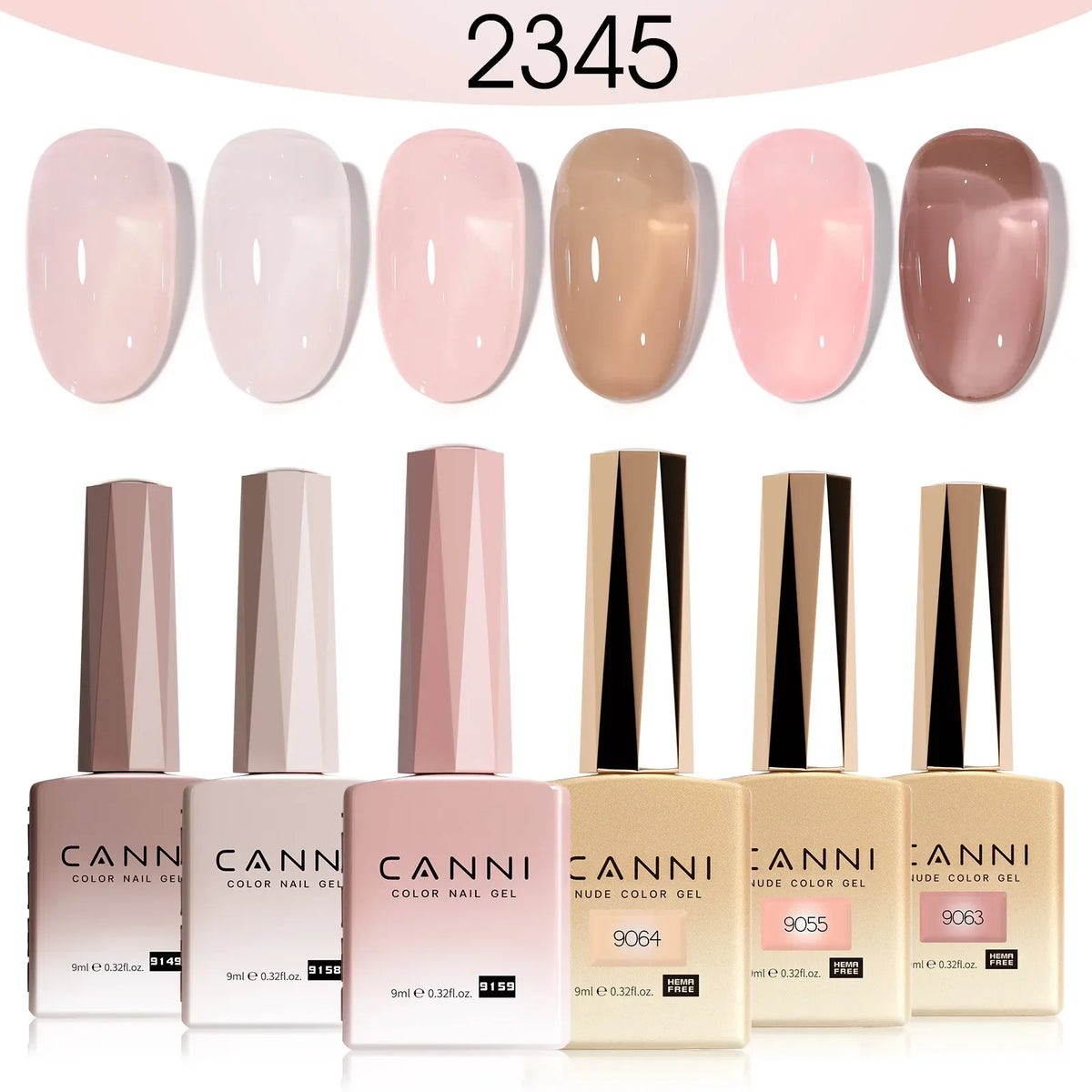 Blushimmer 6-piece 9ml CANNI gel nail polish kit with jade, nude, pink shades, HEMA free, perfect for French nail designs.
