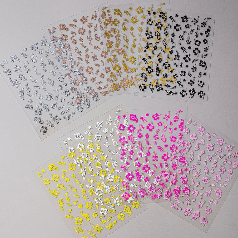 White and black 3D hibiscus flower nail sticker with pink and gold floral design, adhesive decals for nail art decoration by Blushimmer.