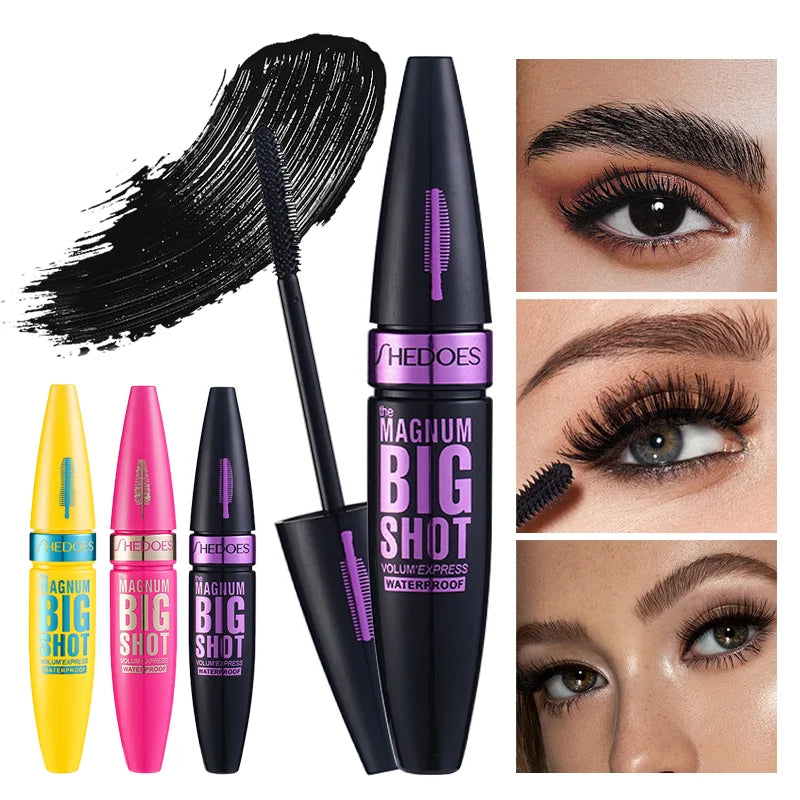 Black waterproof lengthening mascara by Blushimmer with thick, long, and lasting black lashes, shown in the image.