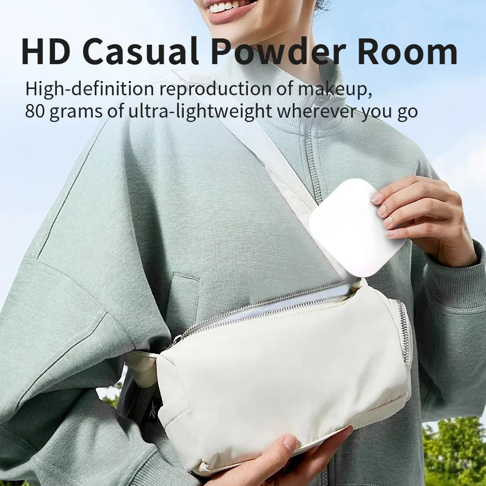 Blushimmer compact LED travel mirror with 1X/2X magnification, foldable design, small pocket size, suitable for makeup and on-the-go use