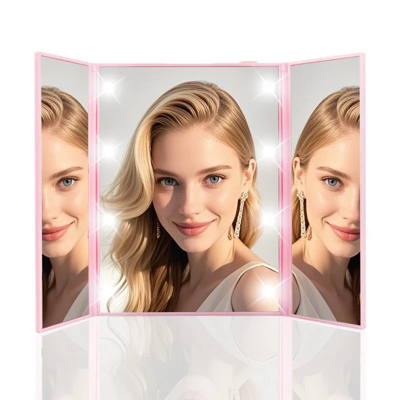 Blushimmer portable three-sided LED makeup mirror with adjustable lighting, ideal for travel and quick touch-ups.