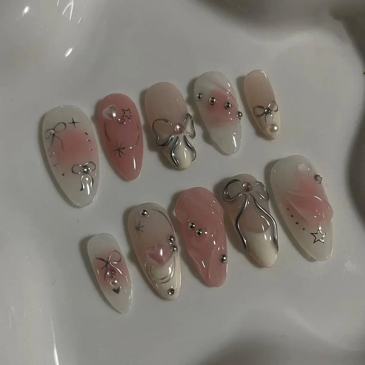 Blushimmer 24-pack wine red almond press-on nails with cartoon rabbit, bowknot, plaid, pearl, and French design for girls.