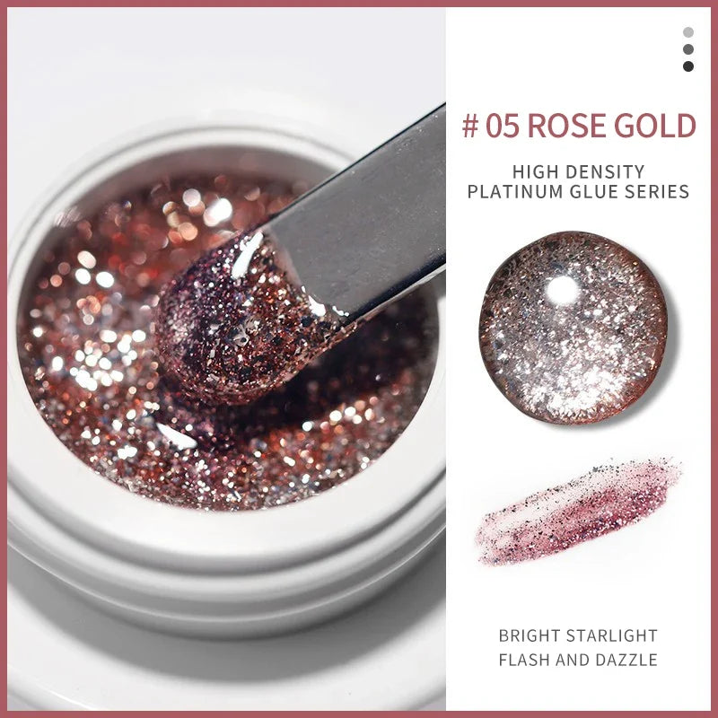 Blushimmer metallic silver and gold nail gel polish bottle with embossed UV glitter finish for professional nail art.
