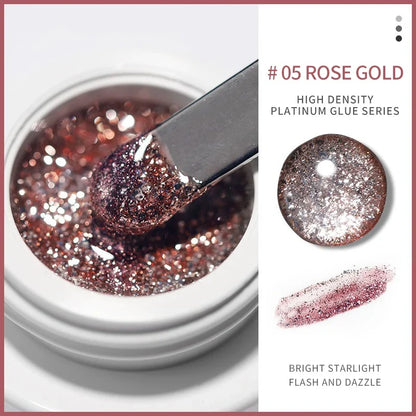 Blushimmer metallic silver and gold nail gel polish bottle with embossed UV glitter finish for professional nail art.