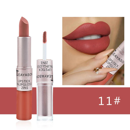 Blushimmer 2-in-1 matte red lipstick and lip gloss with double head design, waterproof and non-stick cup for long-lasting wear.