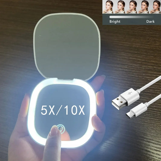 Blushimmer mini compact foldable LED makeup mirror with 5x/10x magnification, rechargeable, small and portable for travel.