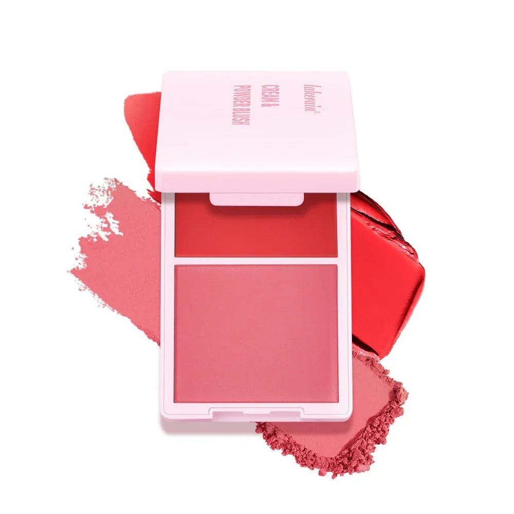 Blushimmer Juvia's Cream Powder Matte Blush Duo with natural rose tones, high pigmentation, long-lasting matte finish.