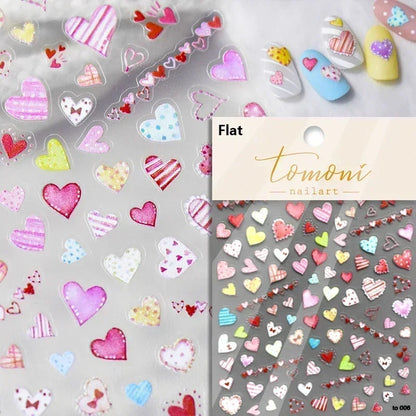 Colorful Cat's Eye 5D gradient European love heart gem nail art stickers by Blushimmer on clear backing for stylish manicures.
