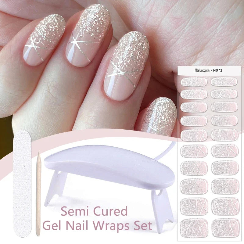 Blushimmer Harunouta 4-piece gradient jelly semi-cured gel nail strips in nude pink with waterproof finish and matching nail lamp.