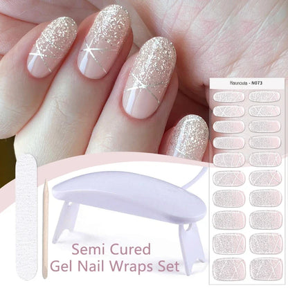 Blushimmer Harunouta 4-piece gradient jelly semi-cured gel nail strips in nude pink with waterproof finish and matching nail lamp.