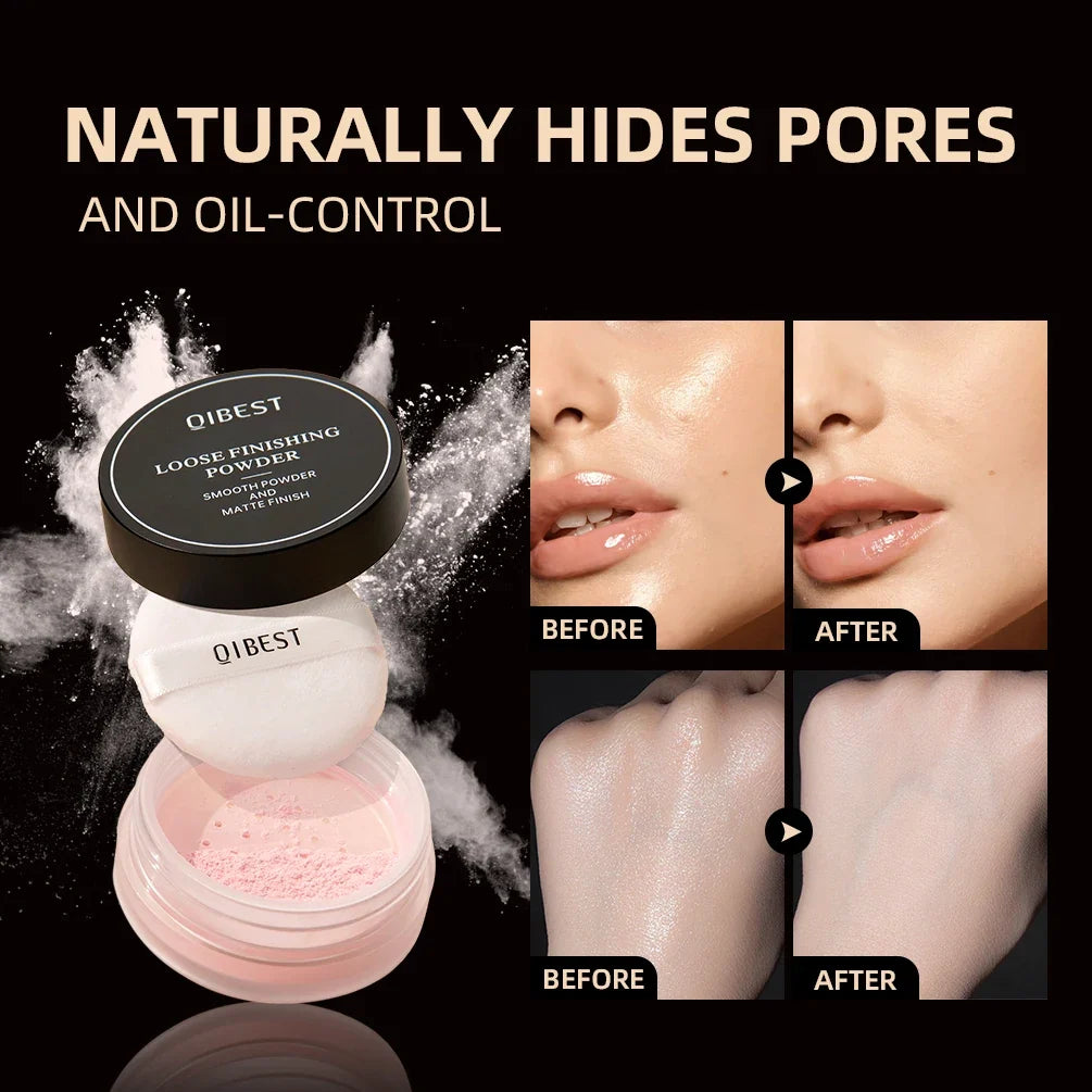 Blushimmer QIBEST waterproof loose powder in four colors, matte finish, long-lasting, controls oil, minimizes pores, face setting makeup