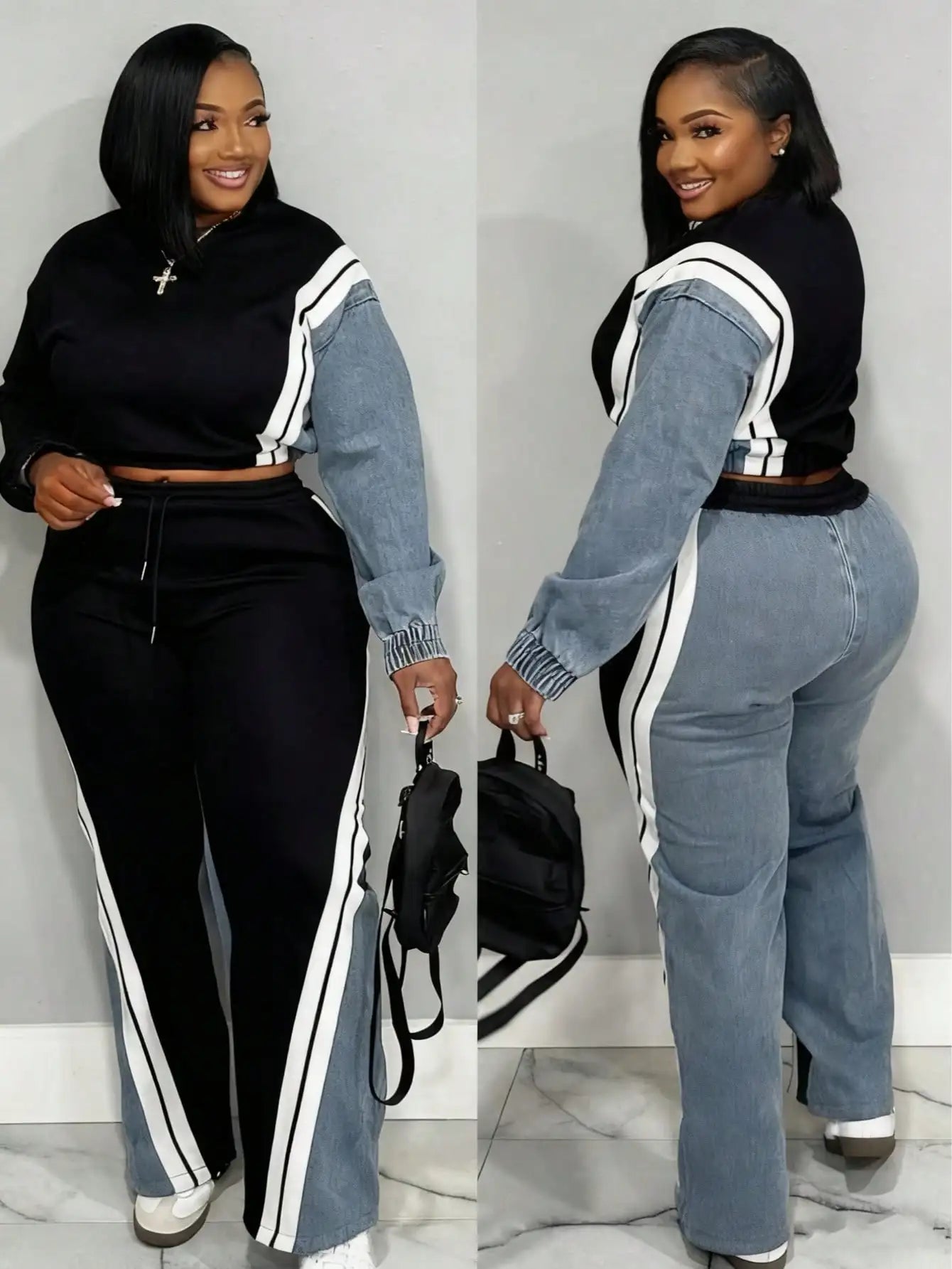 BWQ Women's Denim Patchwork Co-Ord Set - Matching Jeans Set With Color Block Design | Long Sleeve Tracksuit & Contrast Stitching