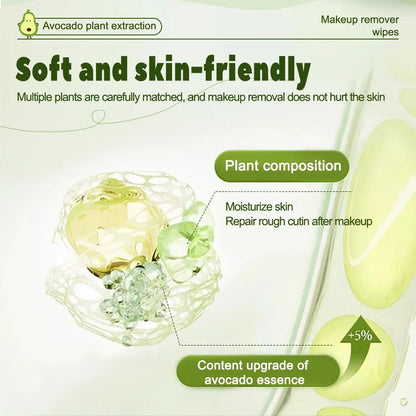 80 pcs Blushimmer avocado scented makeup removing wipes, deep cleansing, travel-friendly, single-use facial wipes on white background.